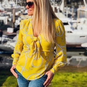 CAbi #5707 Yellow Reef Knot Long Sleeve Popover Blouse Size S